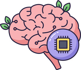 A stylized pink brain with green leaves and circuit patterns, featuring a microchip overlay, symbolizing the integration of nature and technology.