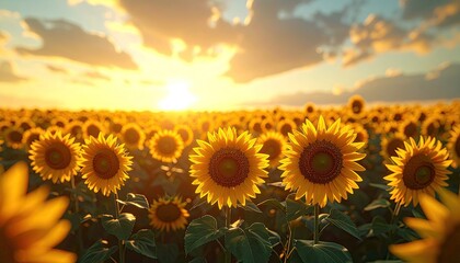 Golden Sunflower Field at Sunset with Dramatic Clouds and Warm Sunlight Across the Horizon