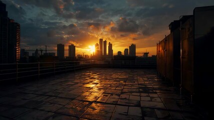 Wet rooftop terrace reflecting golden sunset over city skyline with tall buildings and dramatic clouds - Powered by Adobe