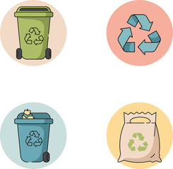Four circular icons depicting various recycling and waste management items, including green and blue bins, a recycling symbol, and a paper bag, all promoting environmental sustainability.
