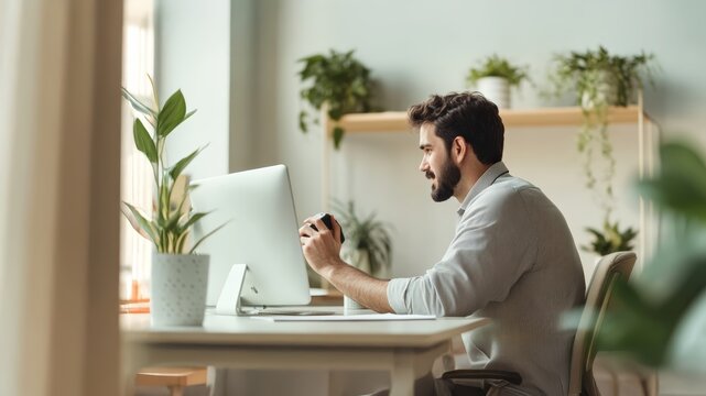 Young man working at computer among indoor plants in stylish home office, reflecting productive environment, creative thinking, and healthy modern remote work concept