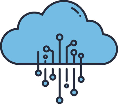 A blue cloud icon with circuit board connections extending downwards, symbolizing cloud computing and data transfer.