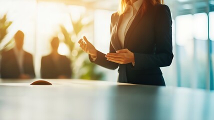 Confident businesswoman delivers compelling presentation during corporate meeting, showcasing strong communication and effective leadership skills.