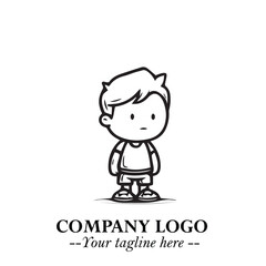 Black and White Chibi Boy Illustration with Jacket and Boots in Bold Thick Line Art Minimal Style
