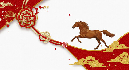 赤金の水引と馬の和風デザイン・華やかな午年素材