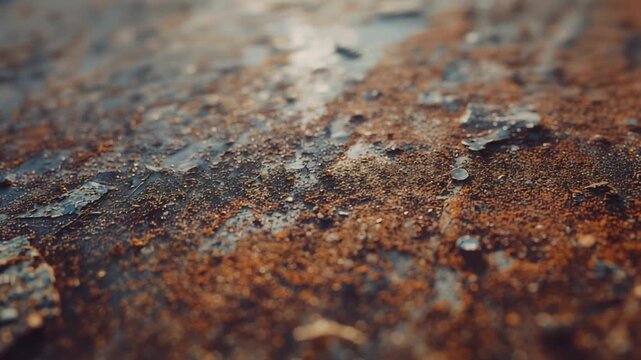 Starting closeup on rusted panel, panning camera showing peeling paint fragments, water droplets