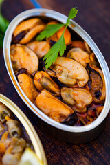 Canister of canned mussels