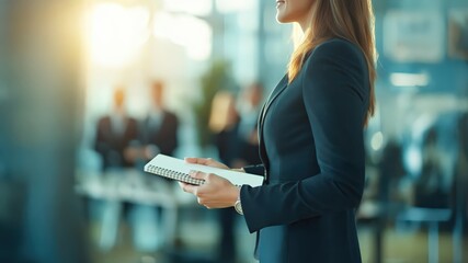 Confident businesswoman holding notebook in modern office with colleagues in background, showing leadership, professionalism, planning and career success in a dynamic corporate environment