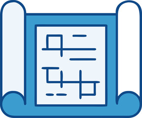 Blue rolled blueprint icon with grid lines and text lines construction plan