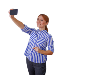 Young woman taking a selfie with smartphone, smiling, creating online content, transparent background