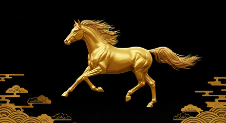 金の馬が駆ける和風背景・干支午年の年賀素材