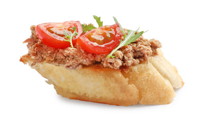 Delicious bruschetta with tuna, tomato and arugula isolated on white