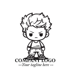 Black and White Chibi Boy Illustration with Jacket and Boots in Bold Thick Line Art Minimal Style
