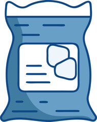 Blue cement bag icon with white label and two abstract shapes vector