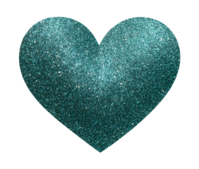 A glittering turquoise heart shape isolated against a solid  transparent background