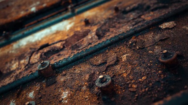 Panning camera shifting focus toward rusted panel at factory, with pipe, bolts and flaking rust