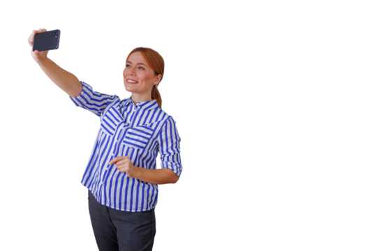 Young woman taking a selfie with smartphone, smiling, creating online content, transparent background - Powered by Adobe