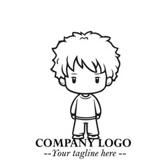 Black and White Chibi Boy Illustration with Jacket and Boots in Bold Thick Line Art Minimal Style
