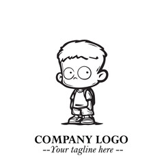 Black and White Chibi Boy Illustration with Jacket and Boots in Bold Thick Line Art Minimal Style
