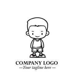Black and White Chibi Boy Illustration with Jacket and Boots in Bold Thick Line Art Minimal Style
