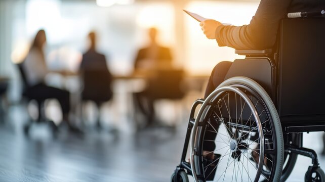 Business professional in wheelchair at corporate meeting with colleagues in modern office, highlighting workplace diversity, inclusion, accessibility, and equal opportunity for empowerment concept