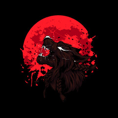wolf angry with moon background vector illustration 