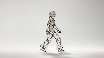 Starting wireframe humanoid figure performing walking cycle in gradient studio, showing motion - Powered by Adobe