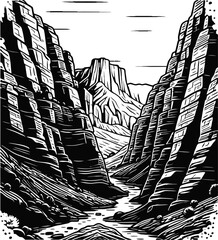 Dramatic Black And White Canyon Landscape With River And Layered Rocks Under Sky