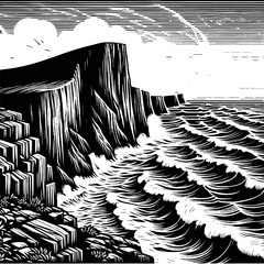 Dramatic Seascape With Crashing Waves Against Rugged Cliffs Under A Cloudy Sky