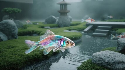 Iridescent koi fish entering frame from left, gliding toward deeper water past lantern in Zen pond - Powered by Adobe
