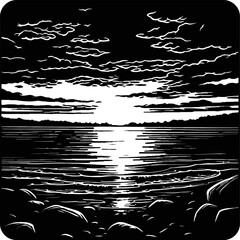 Dramatic Sunset Over Calm Water With Silhouetted Rocks In Foreground