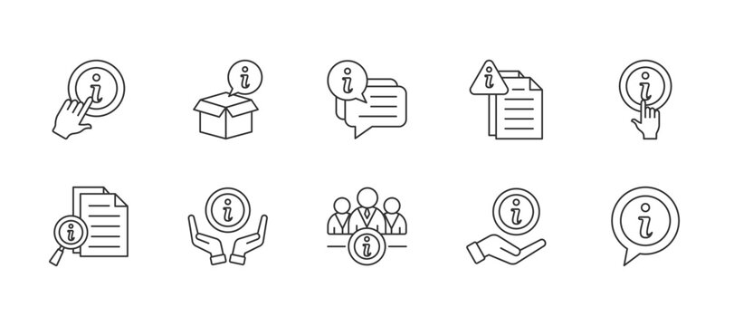 Information thin line icon set. Containing learn more, info box, chat, notice, more info, details, give infos, about us, info. Vector illustration