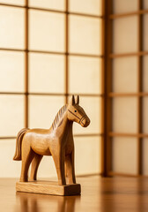 木の温もりある木彫りの馬・干支午年の年賀素材