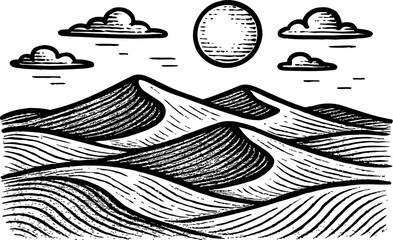 An engraved illustration of a desert landscape featuring rolling sand dunes under a textured sun and scattered clouds. The black and white drawing uses lines to create depth and shadow.