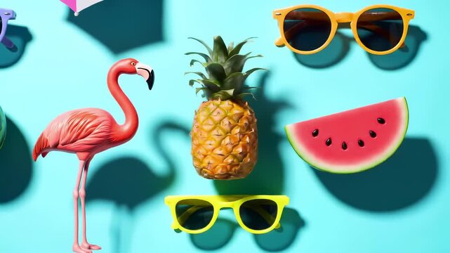Summer Fun - Flamingo, Pineapple, Watermelon, and Sunglasses on Blue.