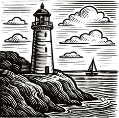 An illustration in a woodcut style depicts a lighthouse on a rocky coastline under a cloudy sky. A sailboat is visible on the water in the distance.