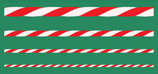 Cotton red rope bakers twine, ribbon of different thicknesses. Seamless pattern, element for decor envelope, present, gift, pastry box for New Year, Christmas. Isolated flat vector on green. EPS10