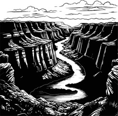 Black and white line art illustration of a vast canyon with a winding river flowing through its depths. The dramatic landscape features rugged cliffs and a cloudy sky, rendered with strong contrasts.