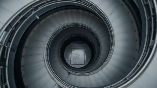 Descending camera rotating around helical staircase in stairwell, showcasing metal railings, steps - Powered by Adobe
