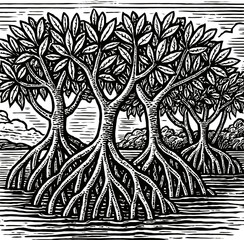 A black and white engraving illustration depicts a cluster of mangrove trees with prominent, exposed root systems. The intricate details showcase the unique structure of these coastal plants.