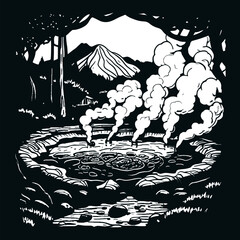 Monochromatic illustration of a natural geothermal spring releasing steam, with a distant volcano visible through a forest canopy. The scene depicts a rustic, natural landscape.