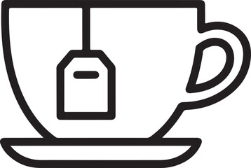 Teacup with tea bag on saucer outline vector icon illustration