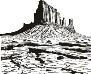 Stylized black and white drawing of iconic desert rock formations. Shows a vast desert landscape with cracked earth and strong shadows under a clear sky. Evokes a sense of rugged natural beauty.