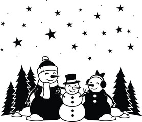 Joyful snowman family celebrates a magical winter night under a starry sky, perfect for holiday designs and festive greetings.