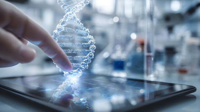 Close up of human hand touching tablet with DNA molecule structure on screen. DNA helix on tablet screen, biotechnology and biochemistry concept.