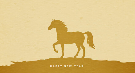 金色の馬シルエットと英語の新年メッセージ背景