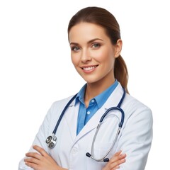 Smiling female doctor in white coat with stethoscope, arms crossed