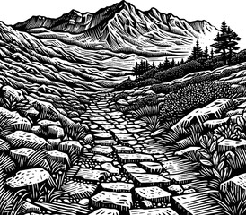 Stone Path Ascending Rocky Mountain Landscape with Pine Trees and Cloudy Sky