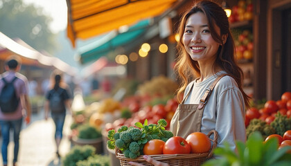  Smiling woman holding basket of vegetables at market