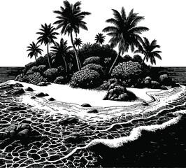 A black and white illustration of a tropical island with palm trees. Waves crash on the sandy shore of this secluded paradise.